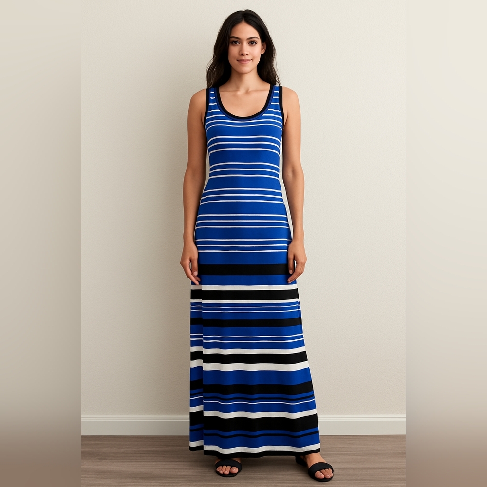 Spense Sleeveless Striped Maxi Dress Blue Black White Knit Jersey L Large